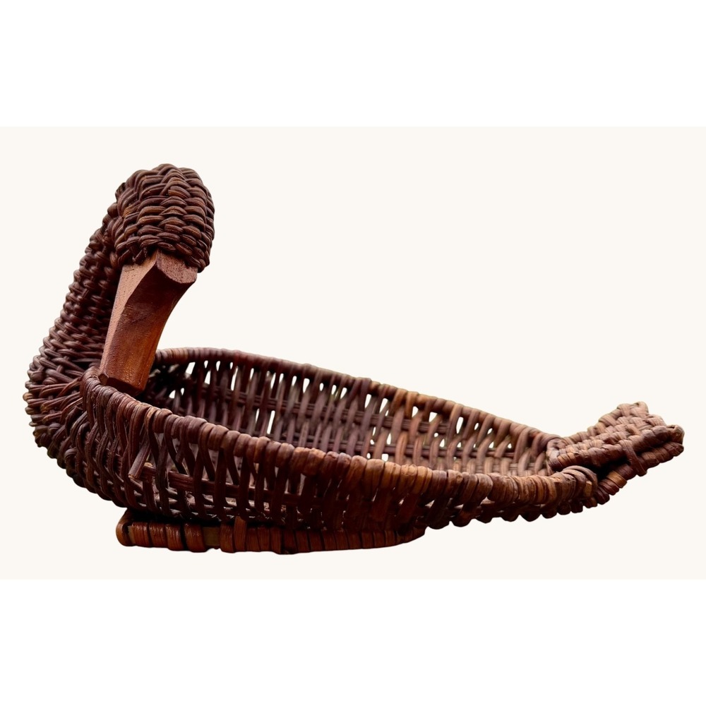 Vintage Wicker Duck Basket Woven Rattan Wood Beak Boho Farmhouse Decor 9.25"